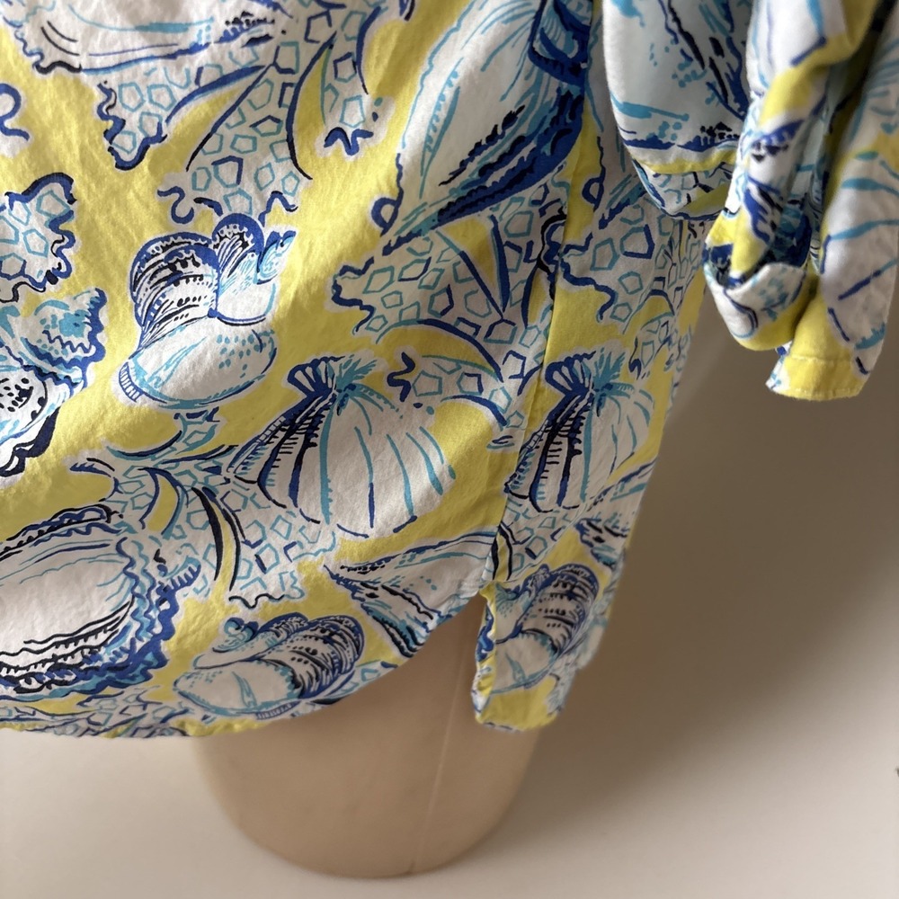Talbots Seashell Print Top Womens Plus 1X Yellow Blue Lace Up Neck Coastal - Picture 4 of 11
